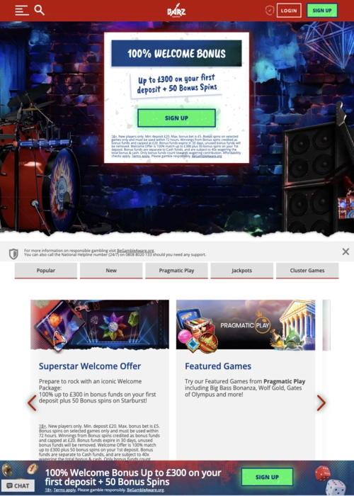 Main gaming lobby selection Barz Casino